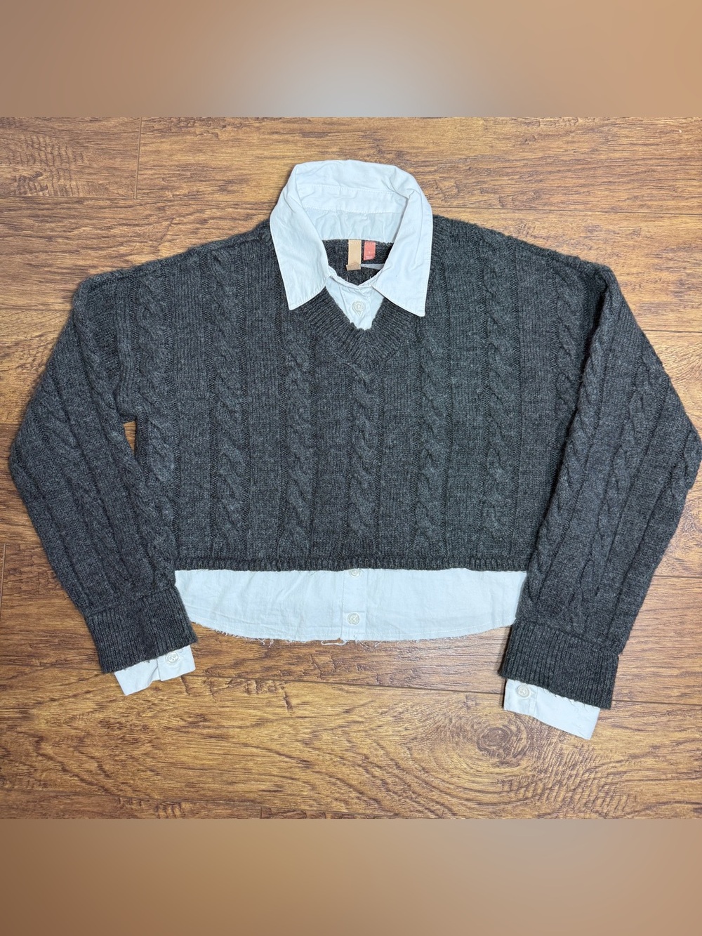 Anthropologie Pilcro Cable-Knit V-Neck Pullover Sweater Women S Gray White